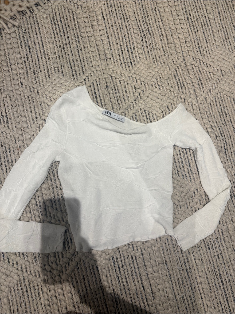 ZARA White Long-Sleeve Textured Boatneck Top